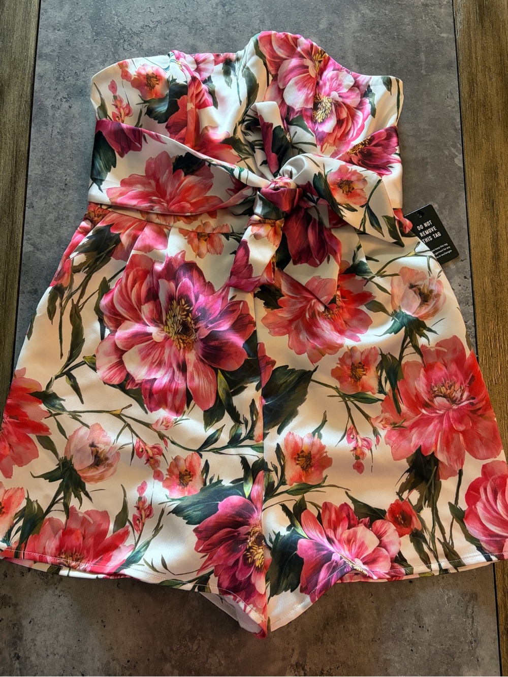 Express Strapless Floral Romper in White with Pink & Green Accents